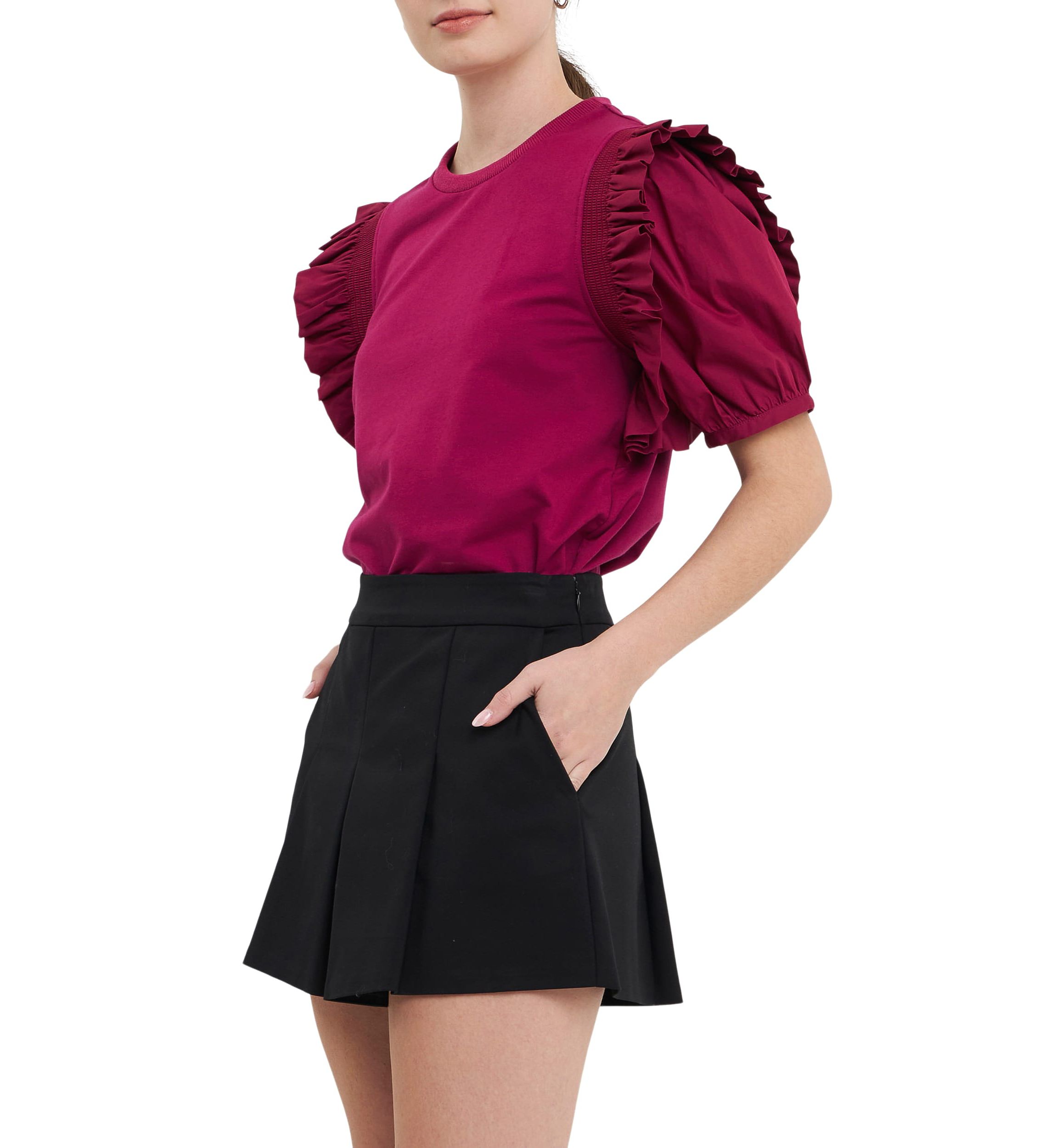 Mixed Media Ruffle Blouson Top