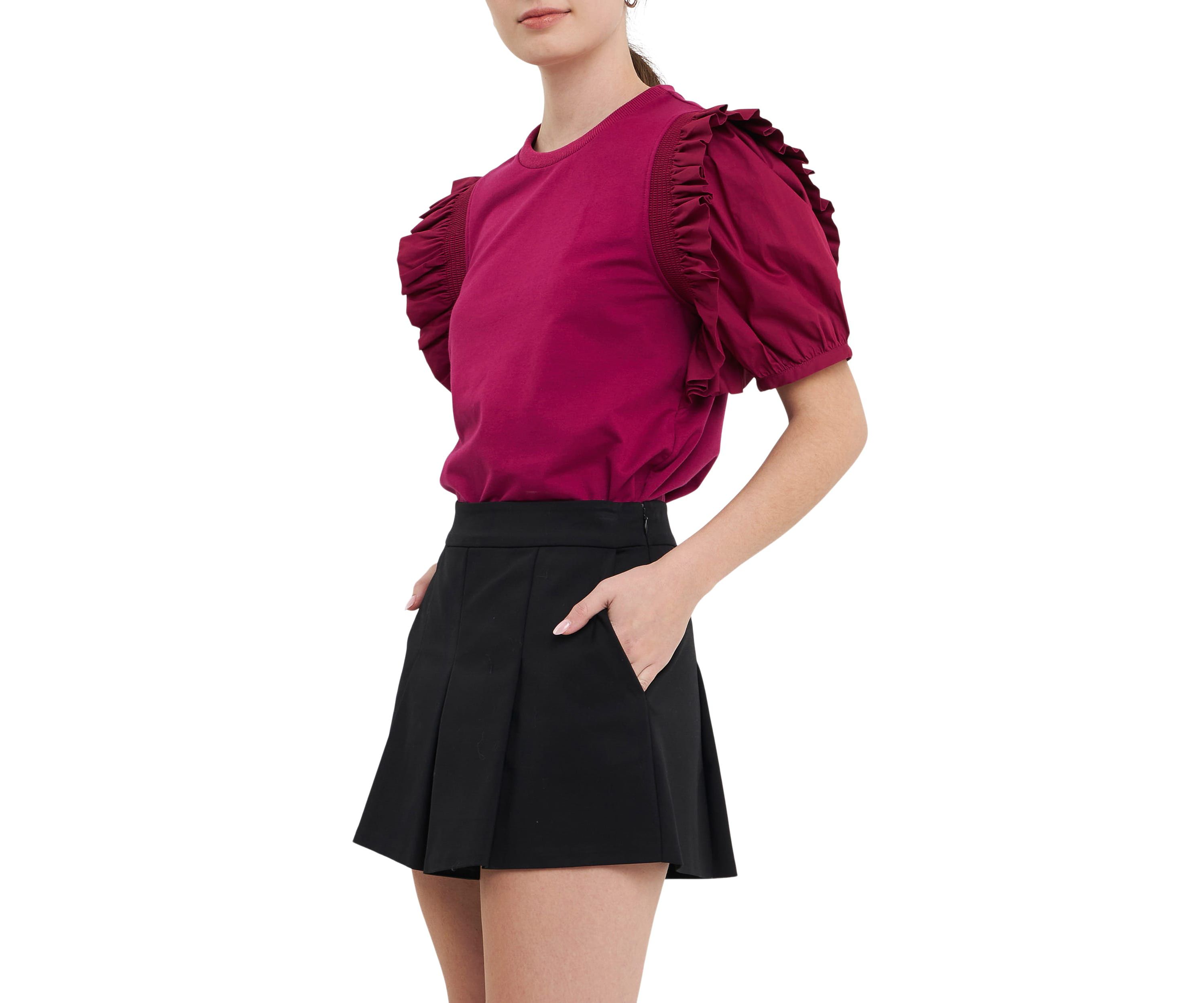 Mixed Media Ruffle Blouson Top