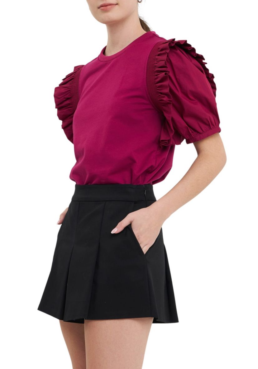 Mixed Media Ruffle Blouson Top