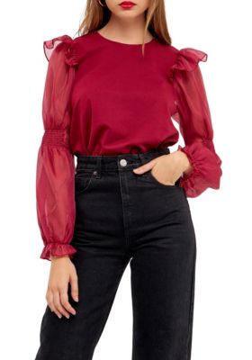 ENGLISH FACTORY Women's Organza Mixed Smocked Detail Long Sleeve Top, Large