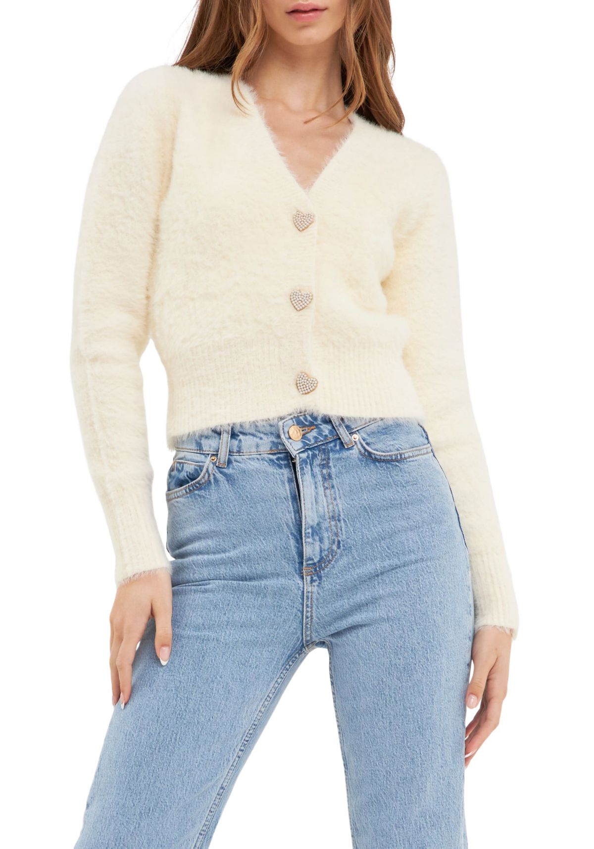 Feathered Plush Heart Buttoned Cardigan