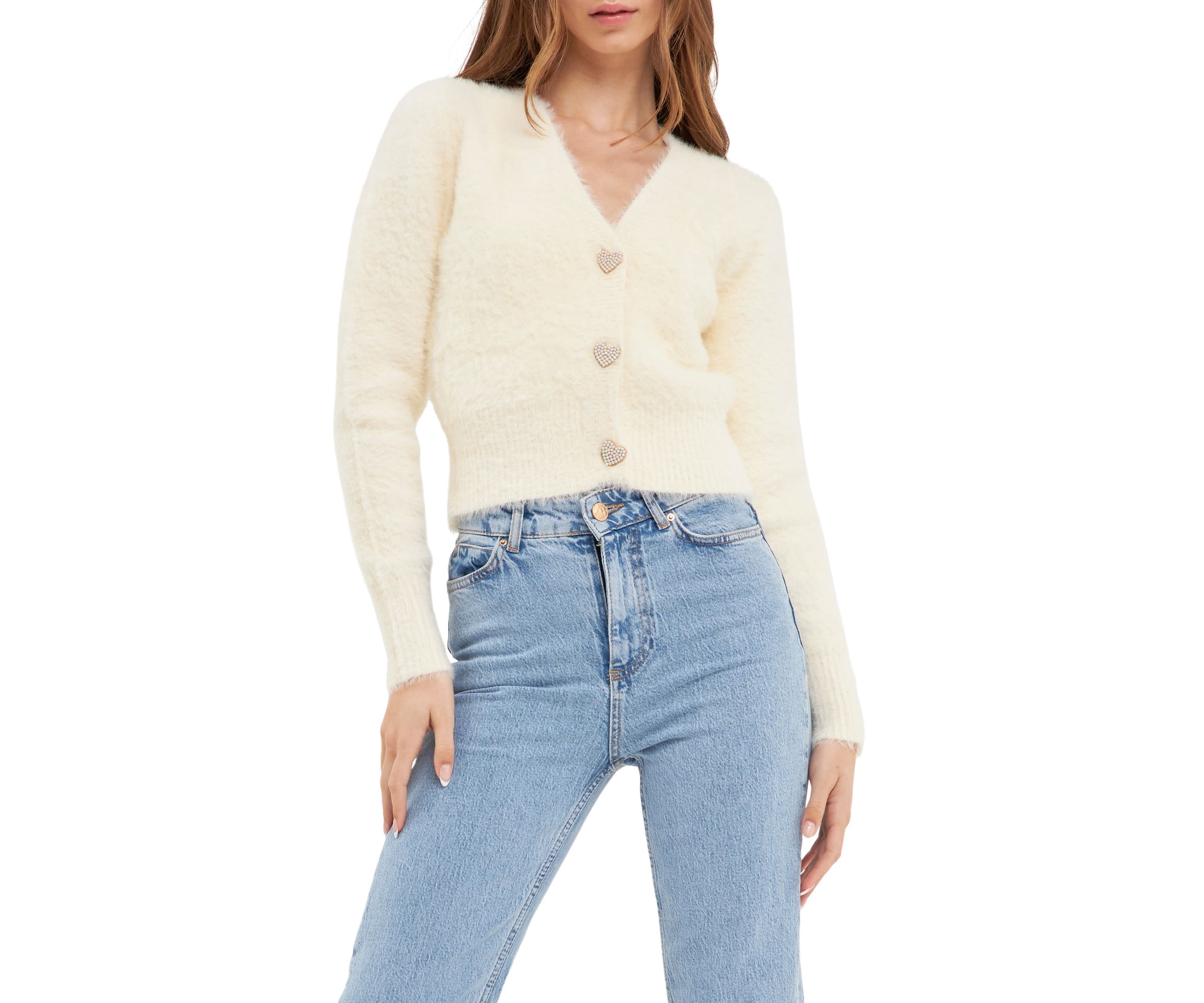 Feathered Plush Heart Buttoned Cardigan
