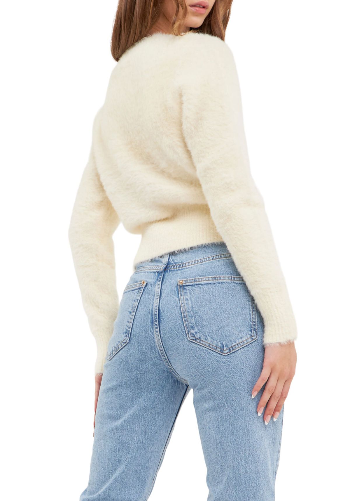 Feathered Plush Heart Buttoned Cardigan