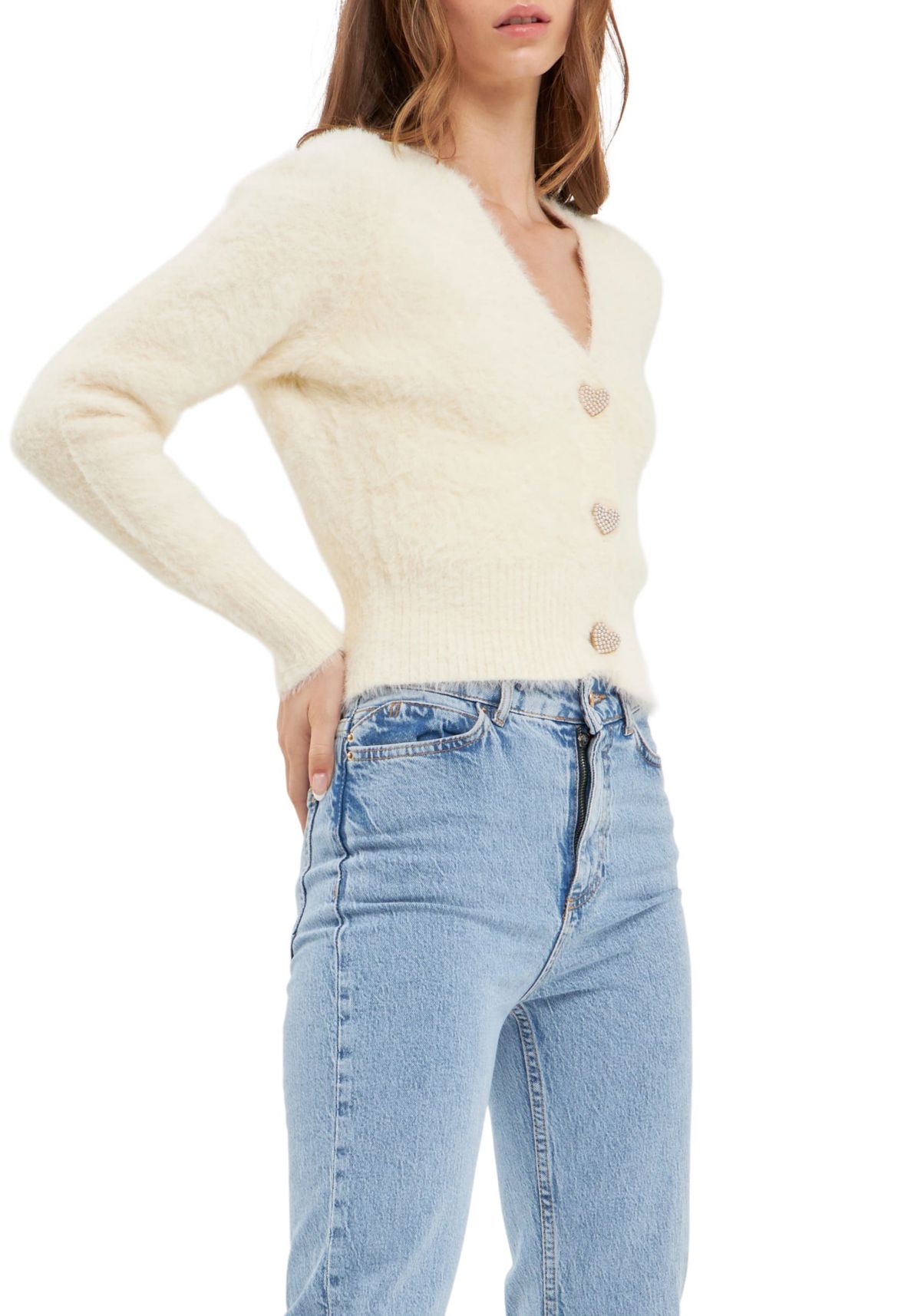 Feathered Plush Heart Buttoned Cardigan