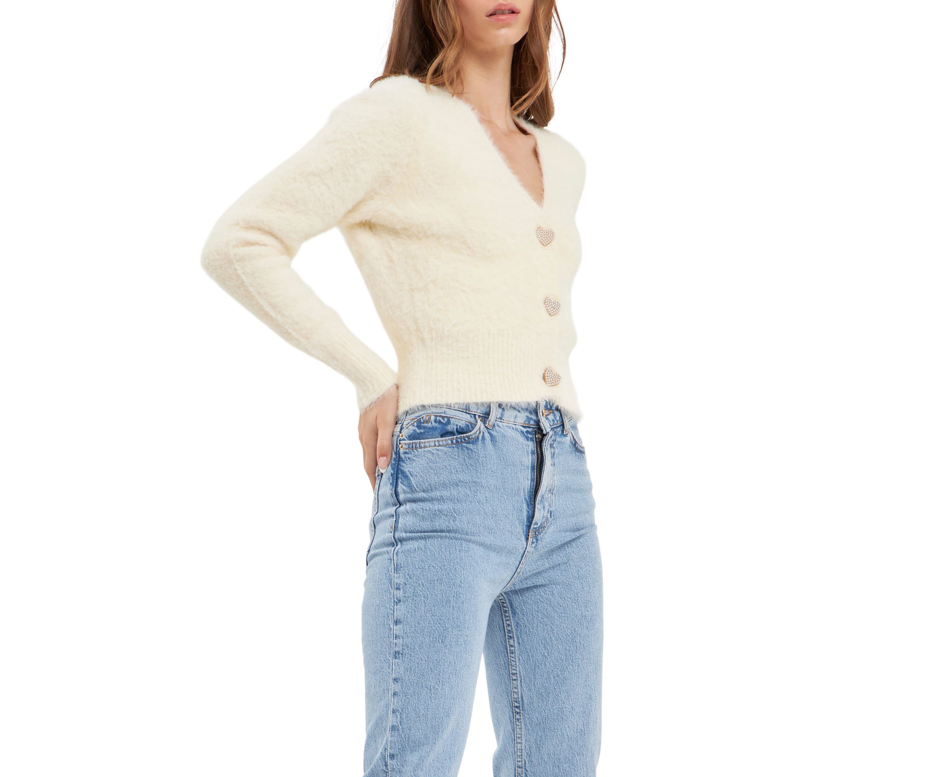 Feathered Plush Heart Buttoned Cardigan