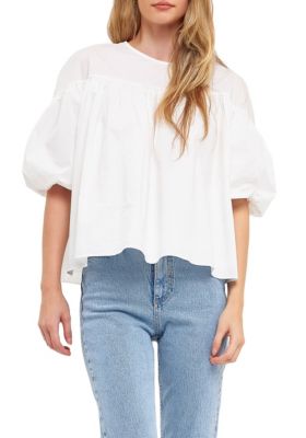 ENGLISH FACTORY Women's Dropped Shoulder Puff Sleeve Top, White, Small