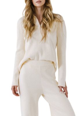 ENGLISH FACTORY Women's Collared Knit Sweater, Ivory, Large