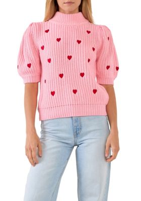 ENGLISH FACTORY Women's Heart Shape Embroidery Sweater, Pink, Medium