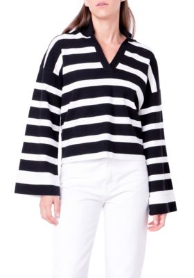 ENGLISH FACTORY Women's Striped Collared Cropped Sweater, Medium