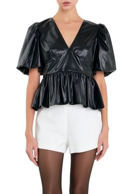 ENGLISH FACTORY Women's Leather Peplum Top, Black, Large