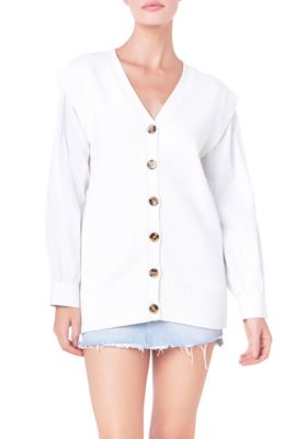 ENGLISH FACTORY Women's Knit and Poplin Combo Cardigan, White, Medium