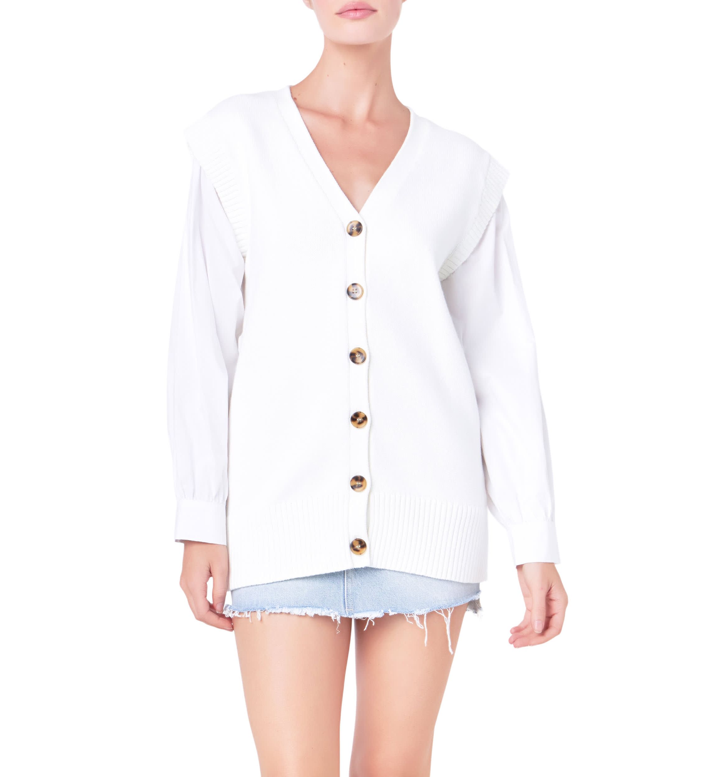 Knit and Poplin Combo Cardigan