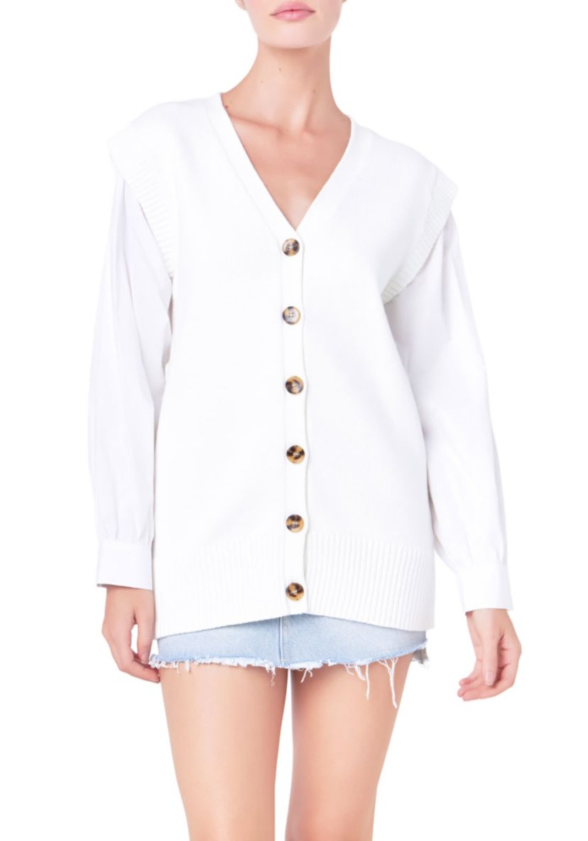Knit and Poplin Combo Cardigan
