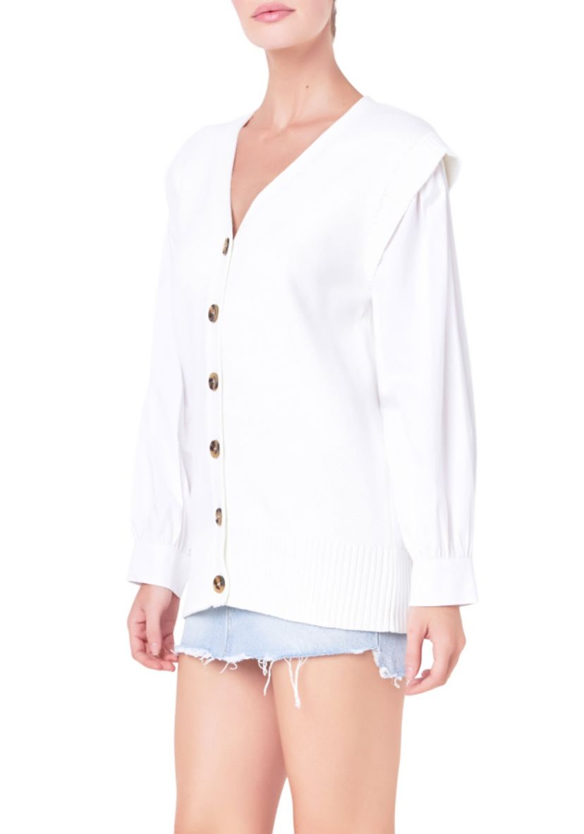 Knit and Poplin Combo Cardigan