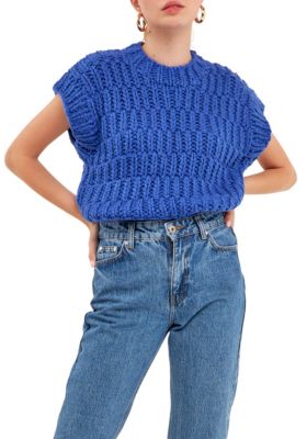 ENGLISH FACTORY Women's Chunky Knit Sweater Vest, Blue, Large