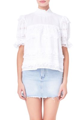 ENGLISH FACTORY Women's Short Sleeve Lace Babydoll Top, White, Small