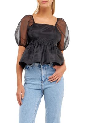 ENGLISH FACTORY Women's Solid Organza Baby Doll Top, Black, Medium