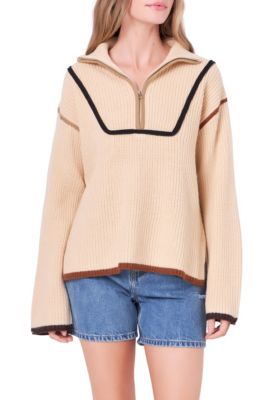 ENGLISH FACTORY Women's Contrast Piping Quarter-Zip Sweater, Beige, Small