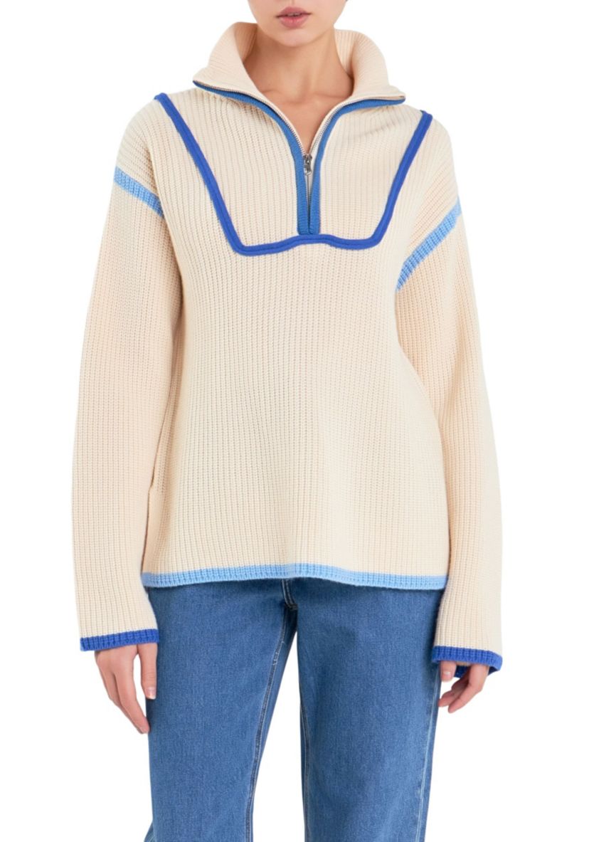 Contrast Piping Quarter-Zip Sweater