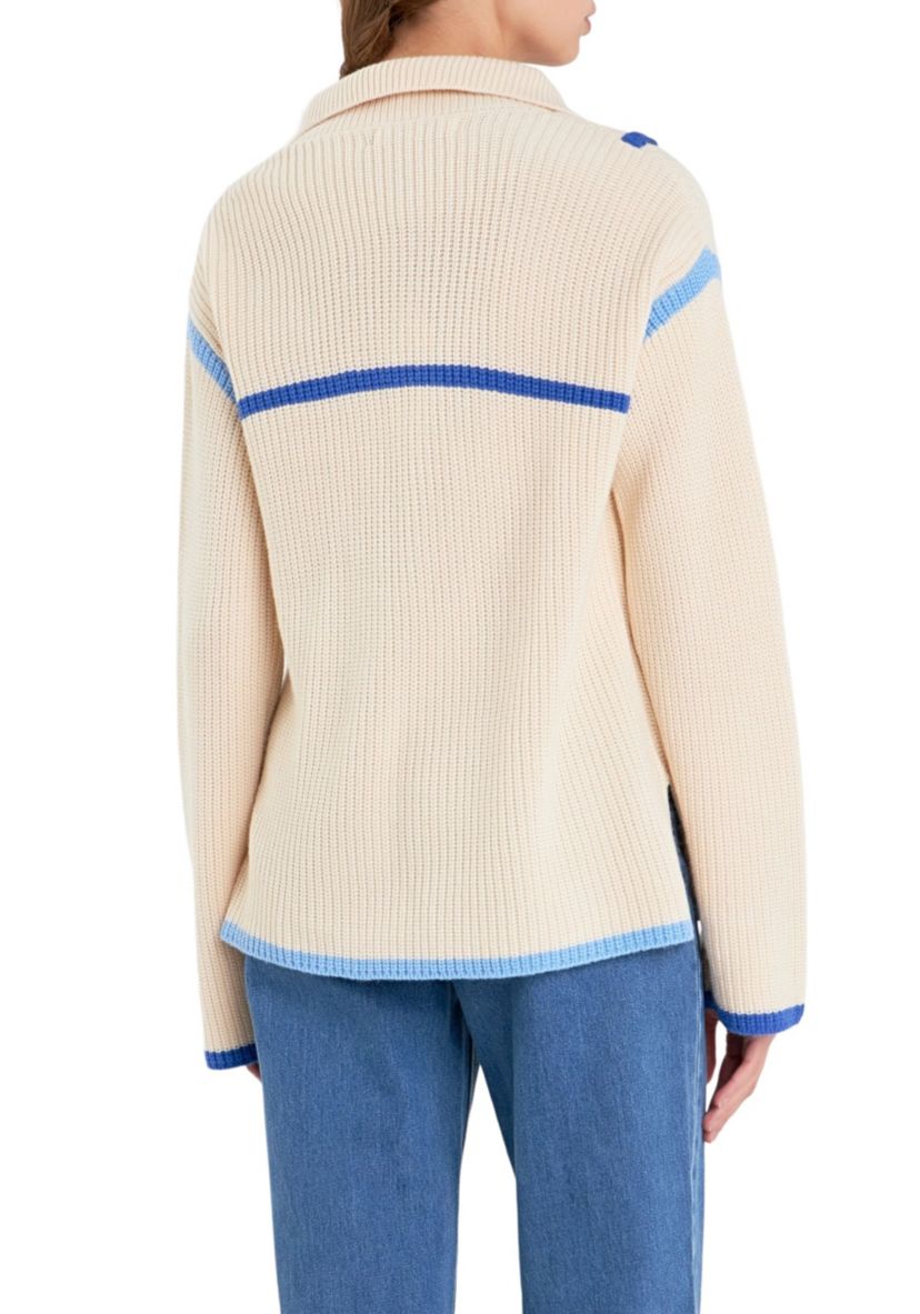 Contrast Piping Quarter-Zip Sweater