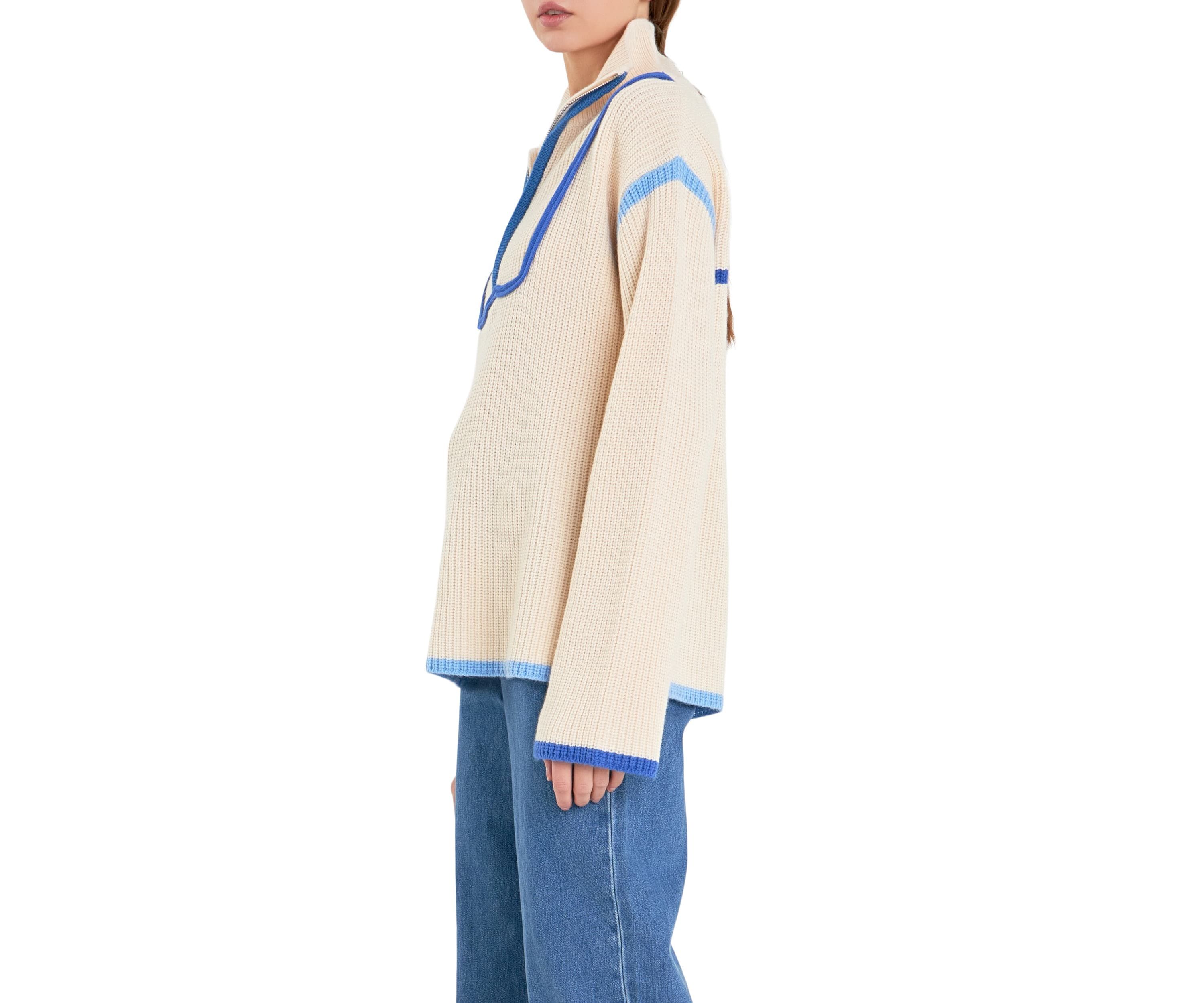 Contrast Piping Quarter-Zip Sweater