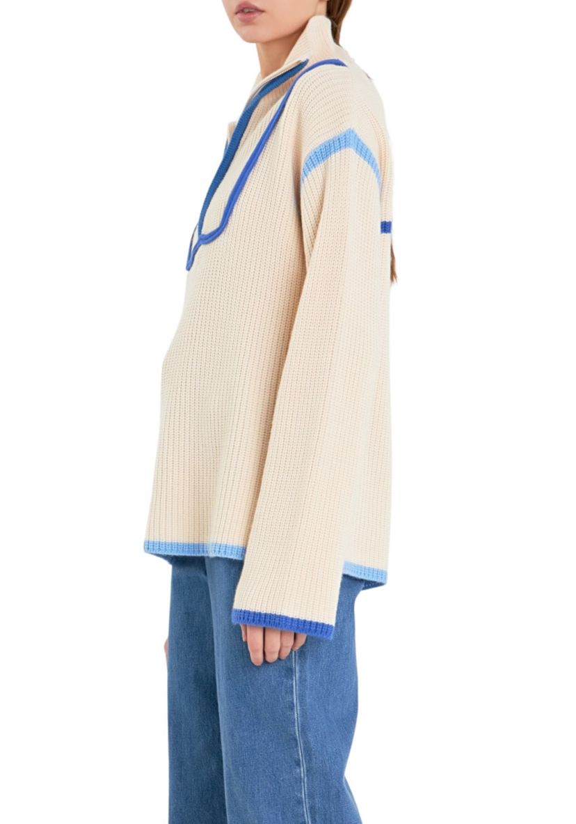 Contrast Piping Quarter-Zip Sweater