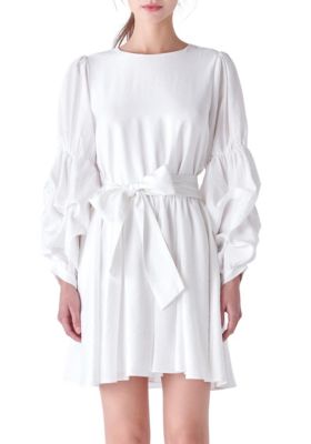 ENGLISH FACTORY Women's Cinched Puff Sleeve Belted Dress, White, Large
