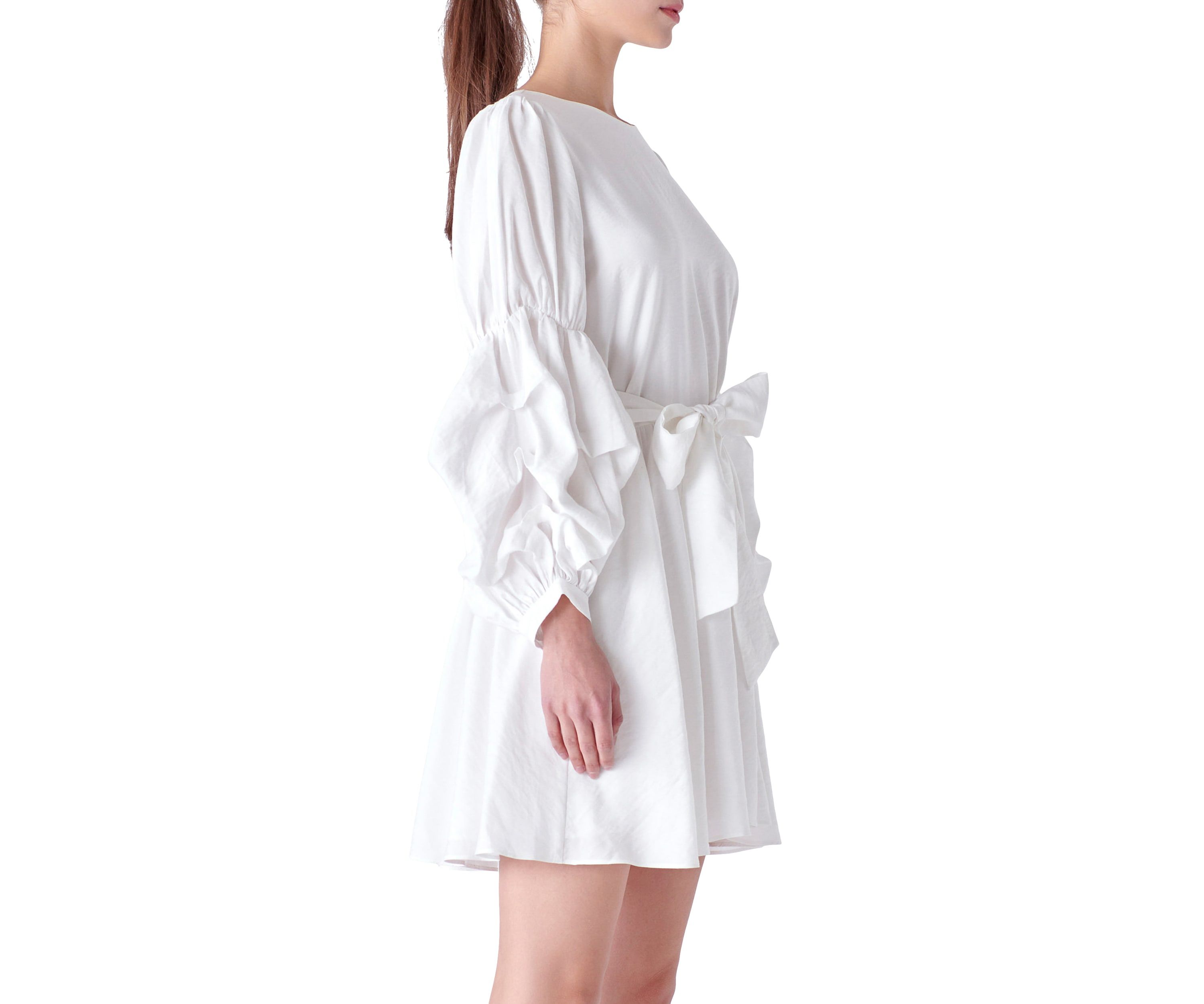 Cinched Puff Sleeve Belted Dress