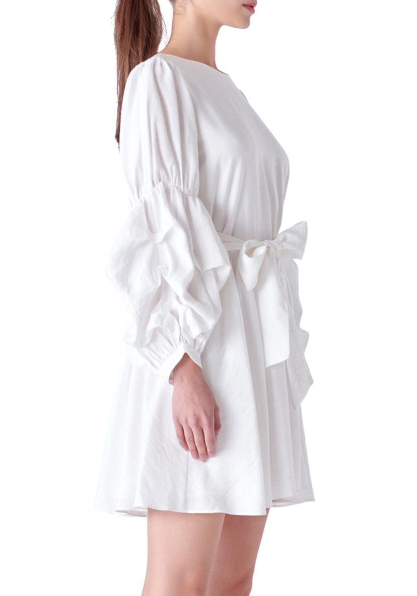 Cinched Puff Sleeve Belted Dress