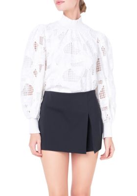 ENGLISH FACTORY Women's Embroidered Cotton Blouse with Smocked Neck, White, XS