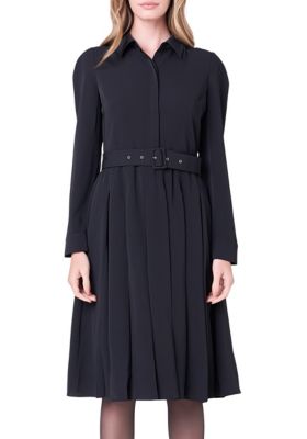 Pleated Collared Long Sleeve Midi Dress