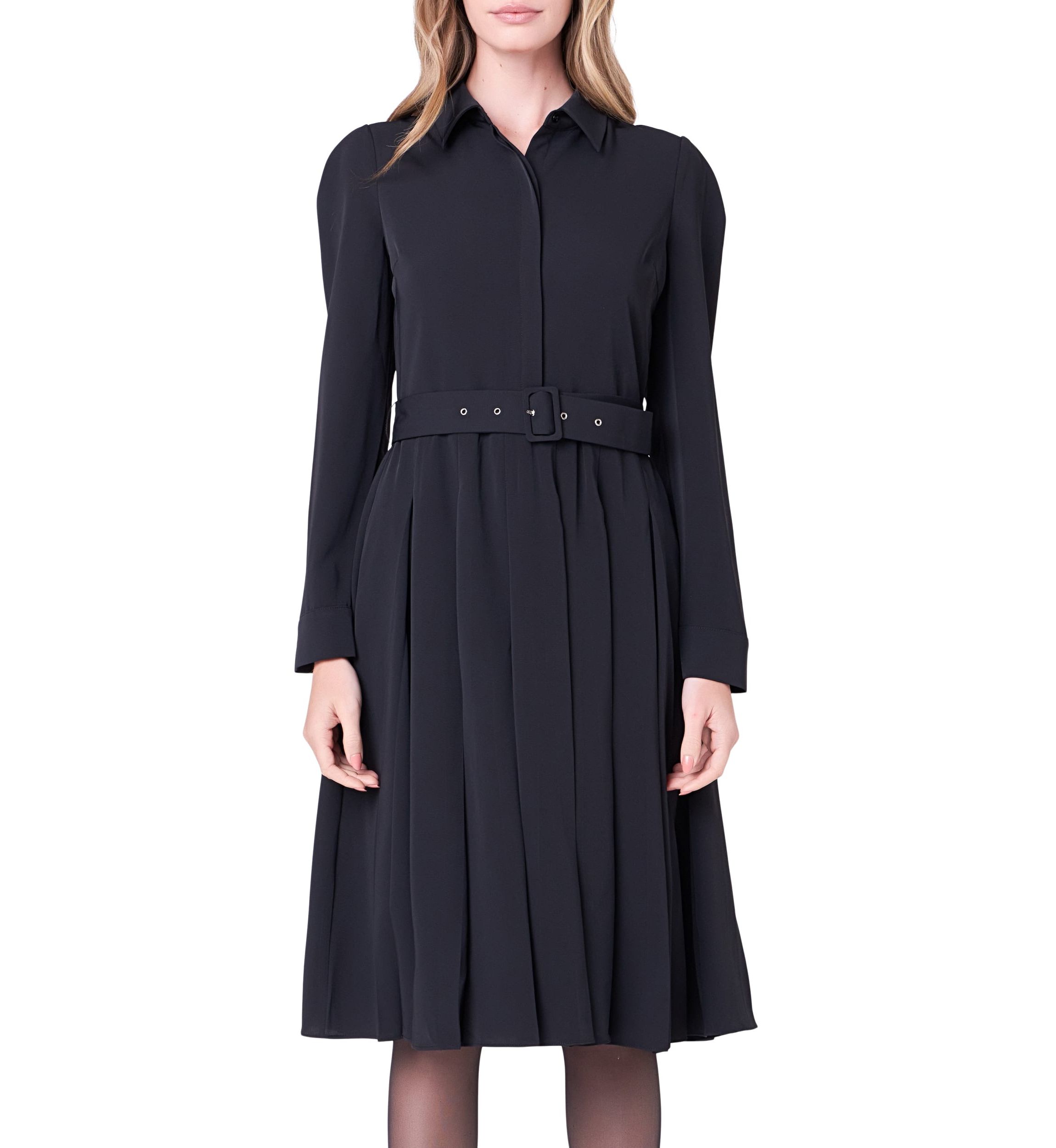 Pleated Collared Long Sleeve Midi Dress