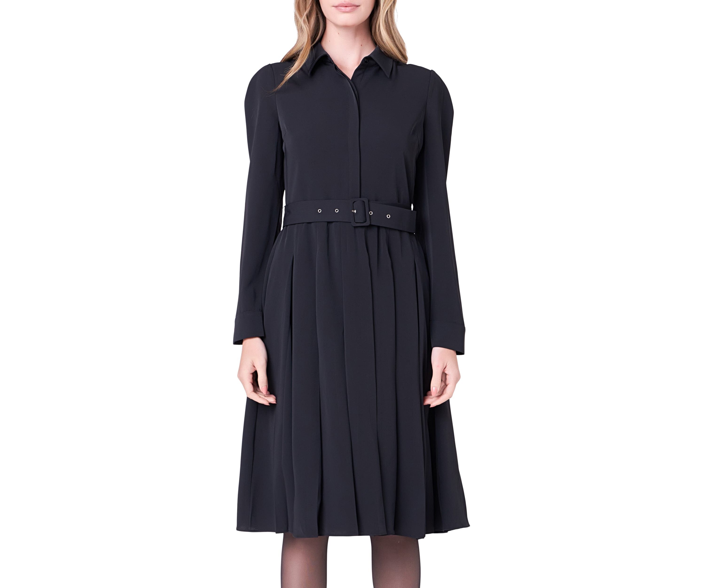 Pleated Collared Long Sleeve Midi Dress