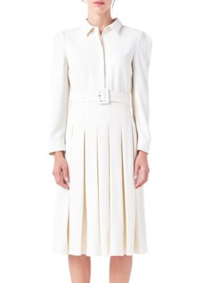 ENGLISH FACTORY Women's Pleated Collared Long Sleeve Midi Dress, XS