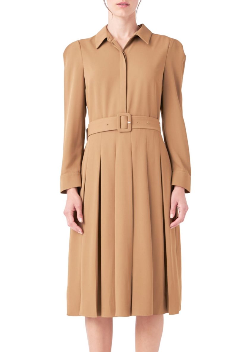 Pleated Collared Long Sleeve Midi Dress