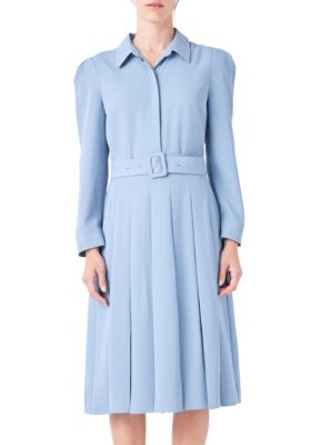ENGLISH FACTORY Women's Pleated Collared Long Sleeve Midi Dress, Blue, Small