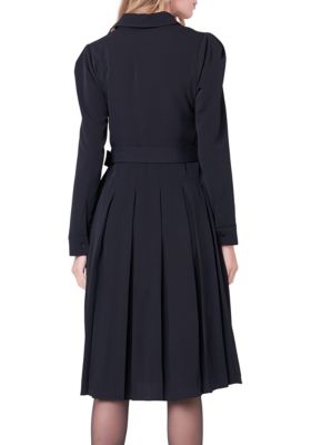 Pleated Collared Long Sleeve Midi Dress