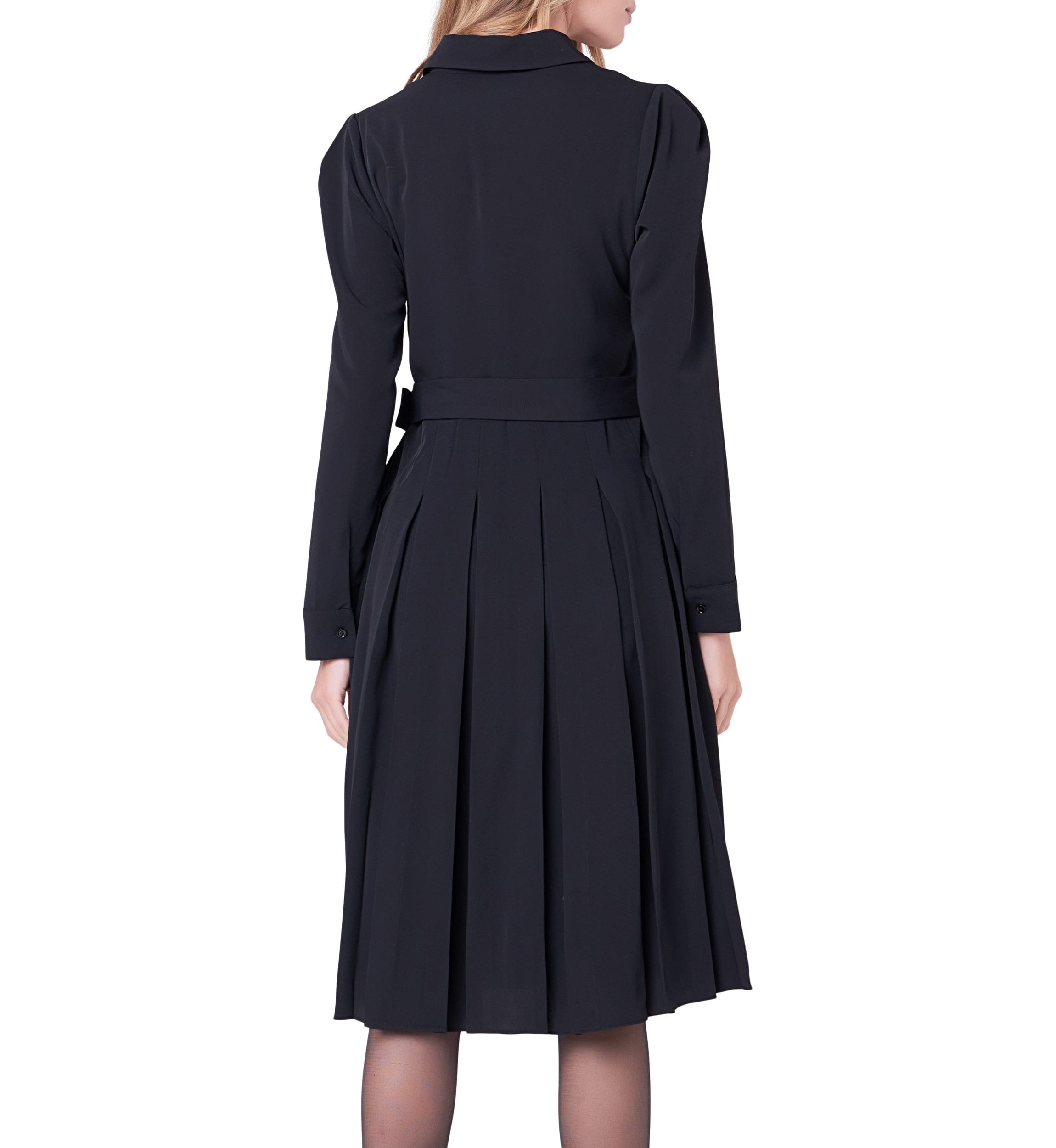 Pleated Collared Long Sleeve Midi Dress