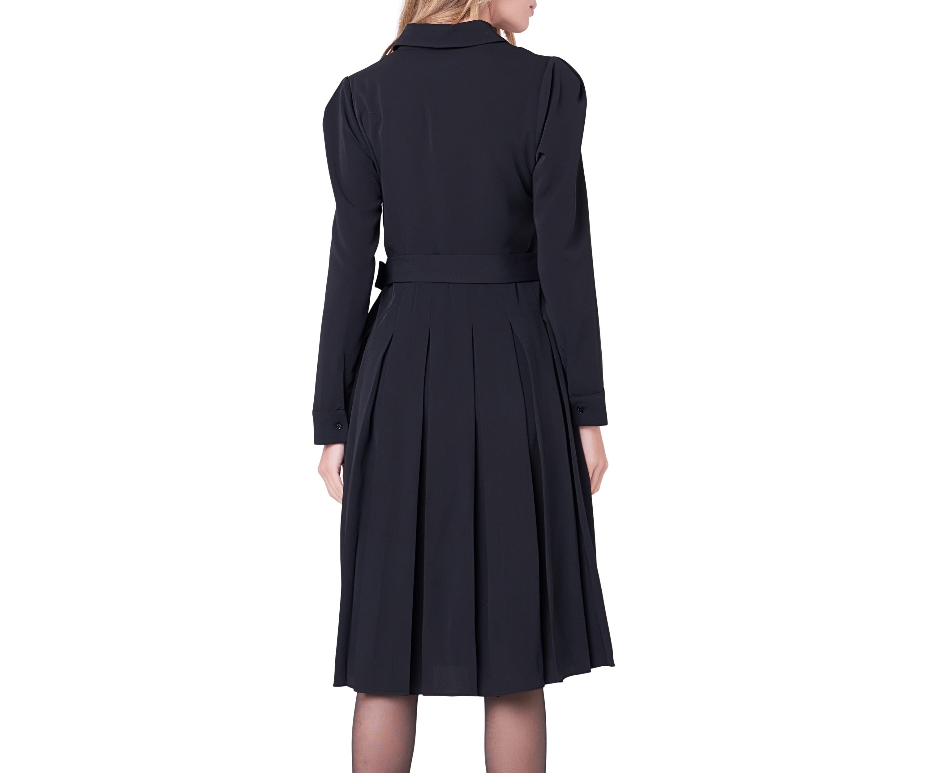 Pleated Collared Long Sleeve Midi Dress