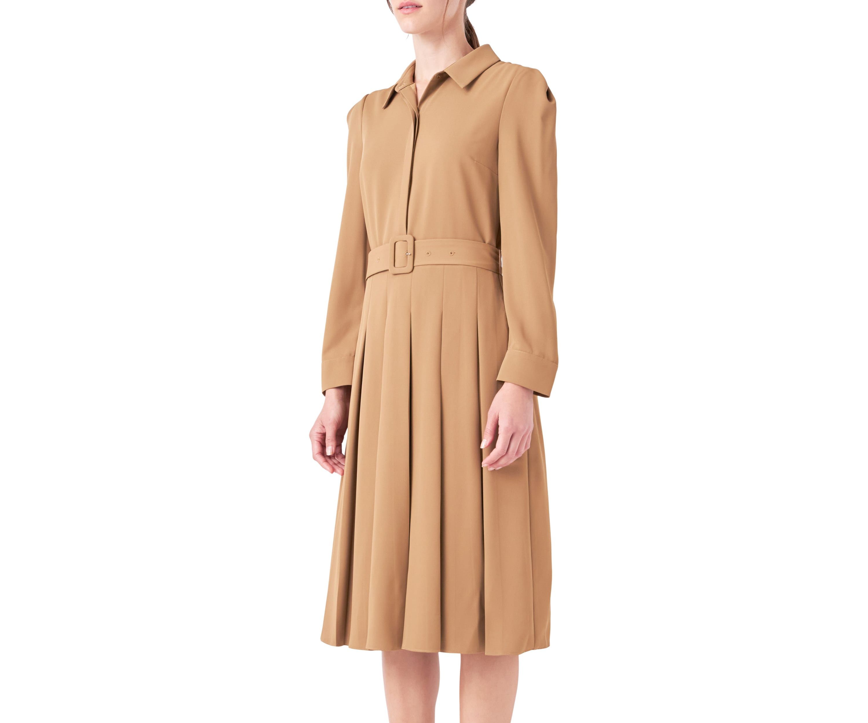 Pleated Collared Long Sleeve Midi Dress