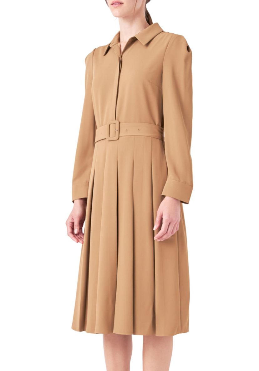 Pleated Collared Long Sleeve Midi Dress