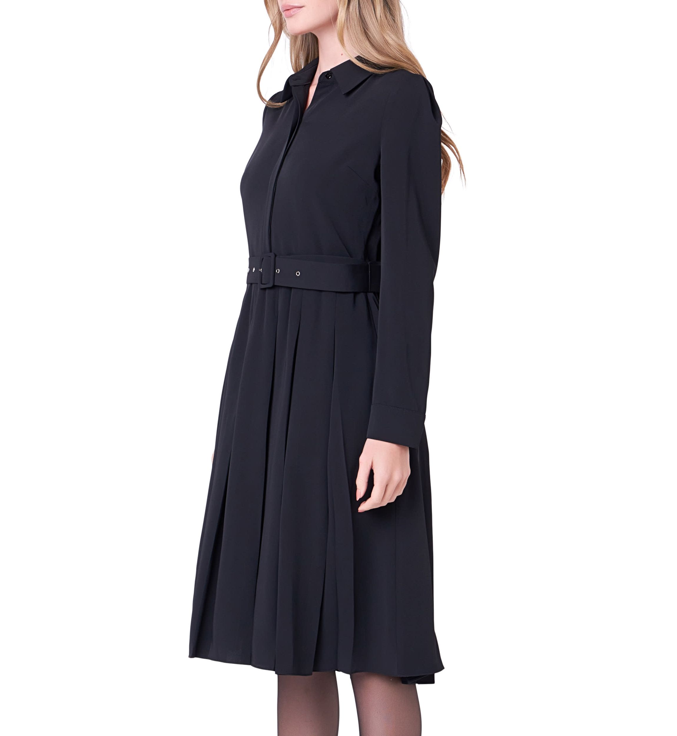 Pleated Collared Long Sleeve Midi Dress