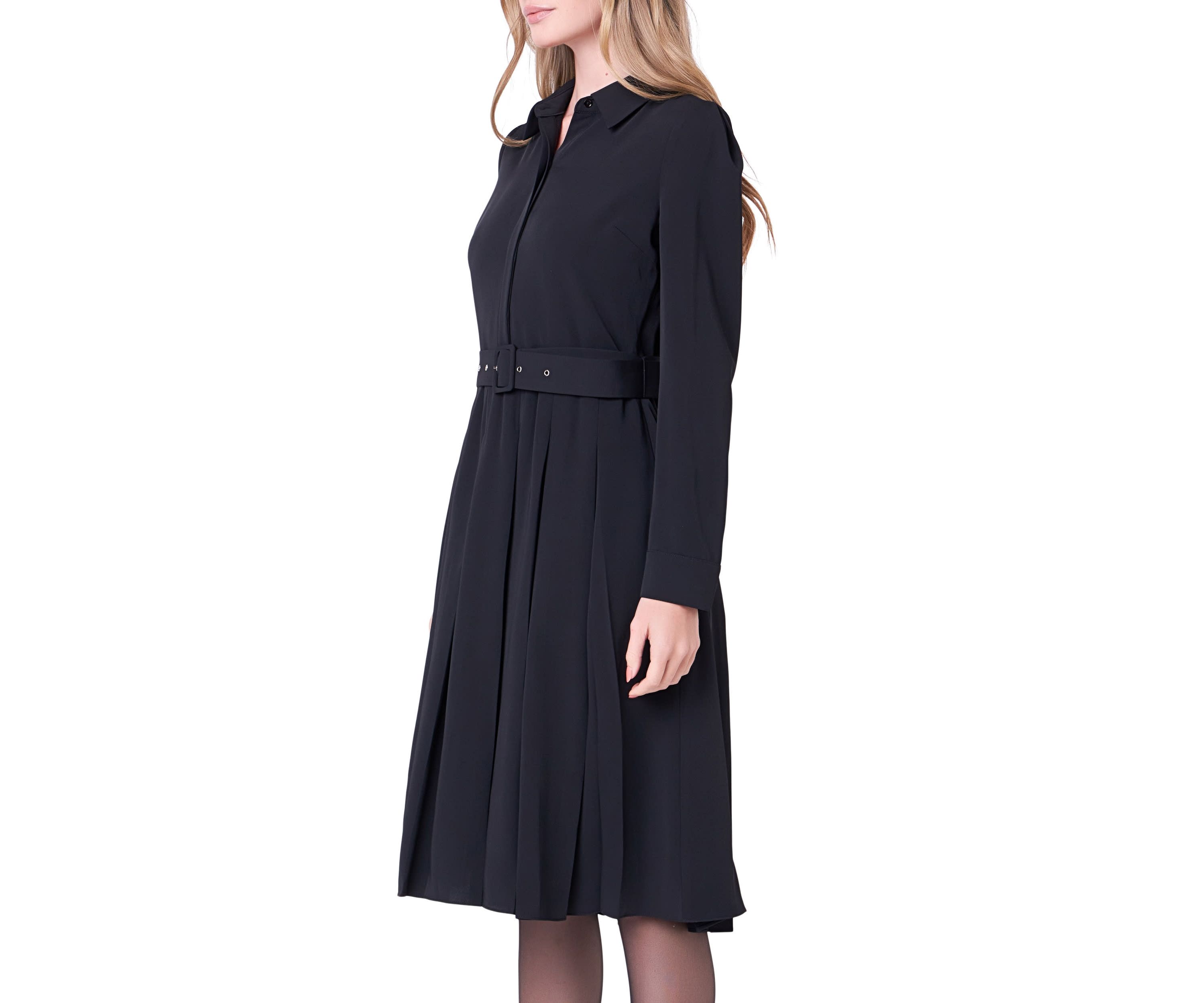 Pleated Collared Long Sleeve Midi Dress