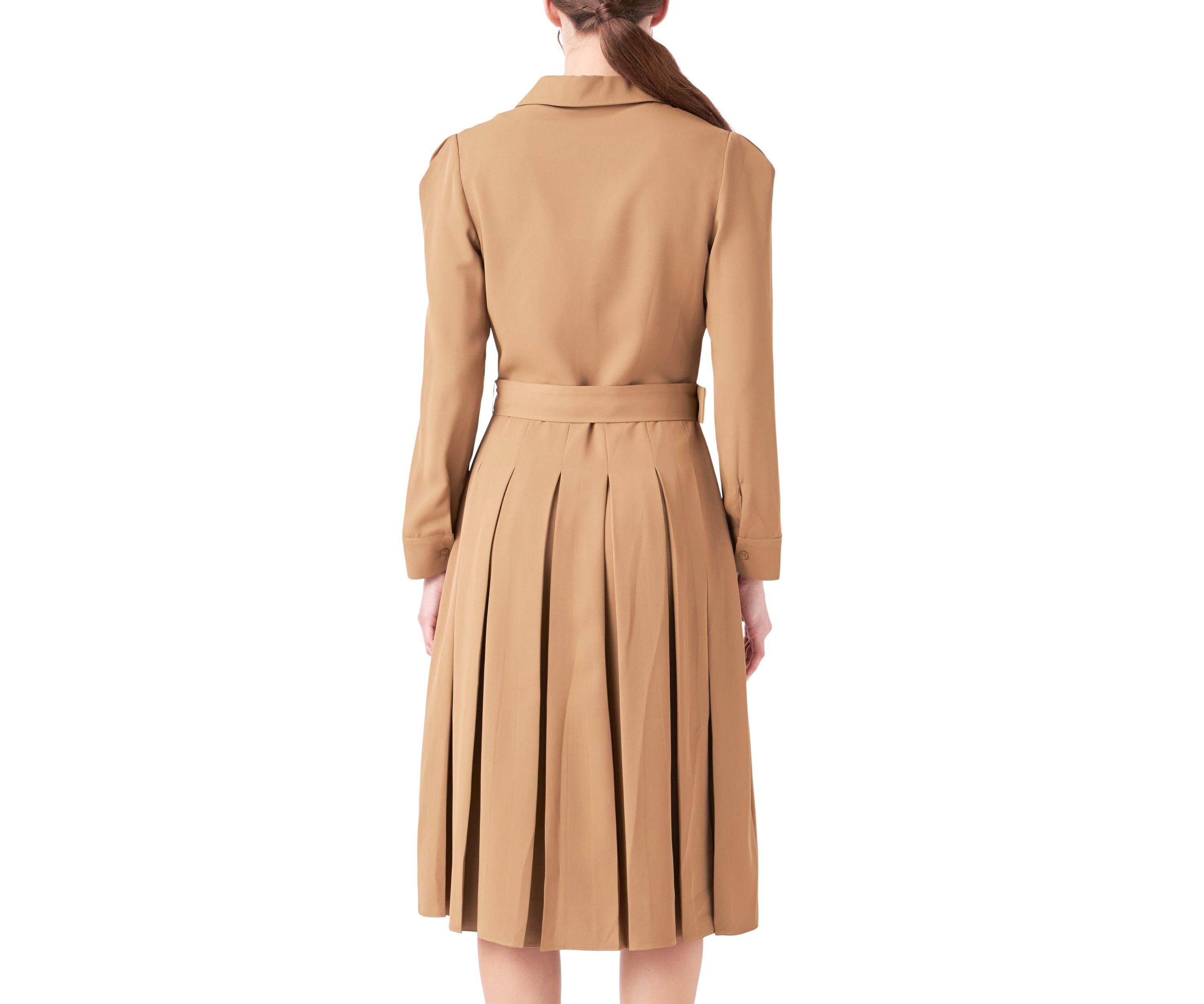 Pleated Collared Long Sleeve Midi Dress