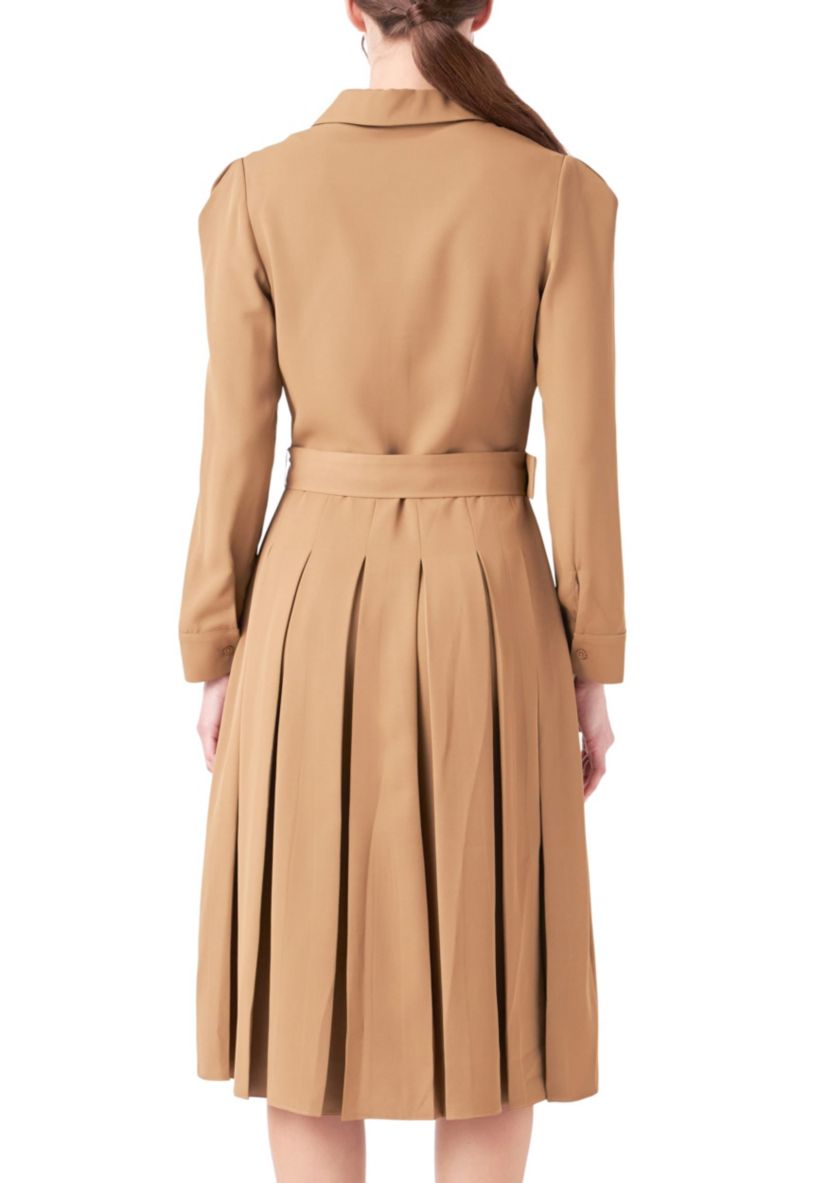 Pleated Collared Long Sleeve Midi Dress