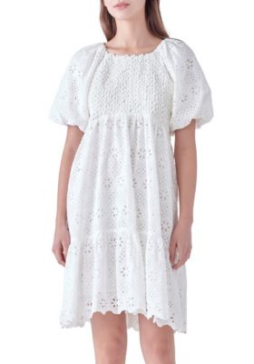ENGLISH FACTORY Women's Knit and Embroidery Combo Dress, White, Small