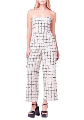 ENGLISH FACTORY Women's Tweed Sleeveless Cargo Jumpsuit, Medium