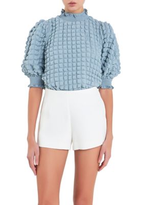 ENGLISH FACTORY Women's Textured Mock Neck Short Sleeve Blouse, Sky Blue, XS