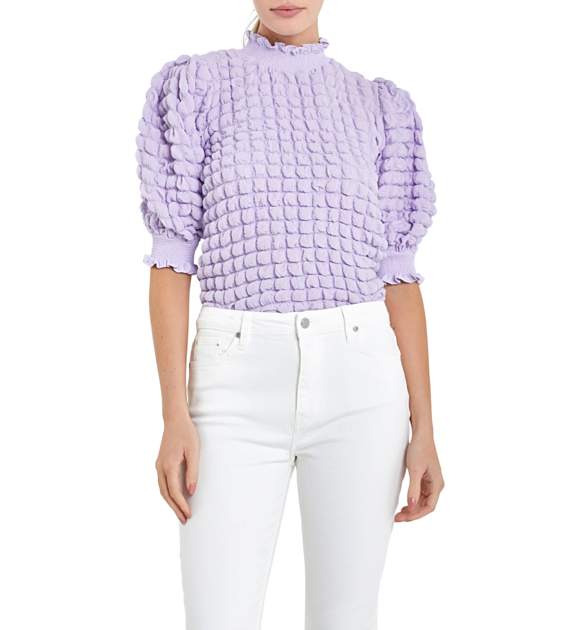 Textured Mock Neck Short Sleeve Blouse