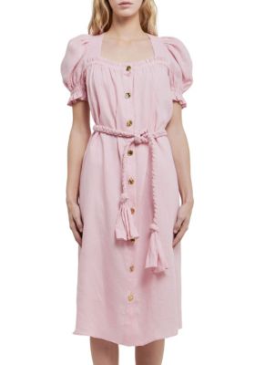 ENGLISH FACTORY Women's Linen Dress with Tie, Pink, Large